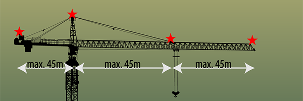 Crane with elevated tower and 90m to 135m lenghth